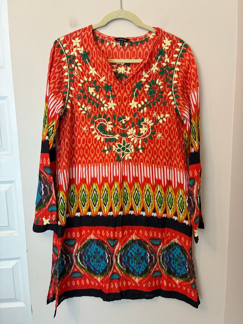 J. Peterman Printed Dress Tunic Cotton Embroidered V Neck Size Medium